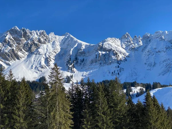 Apenzell Alpleri 'nde kar kaplı Alpstein Dağı' nda kış havası ve güzel, huzurlu bir atmosfer.)