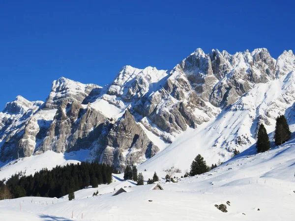 瑞士阿尔茨坦地块上的Idyllic陡峭的高山岩石峰 覆盖着白雪覆盖的冰 瑞士阿彭策尔州 施维兹 — 图库照片