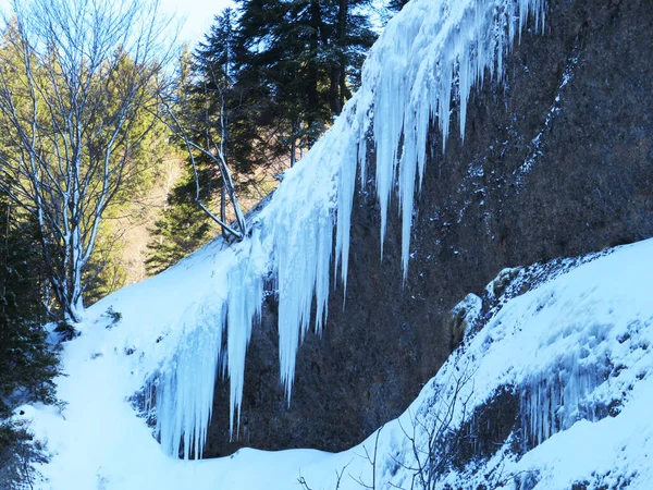 Wintergletscher Und Gefrorene Wasserformationen Harten Wintern Auf Den Felsen Des — Stockfoto