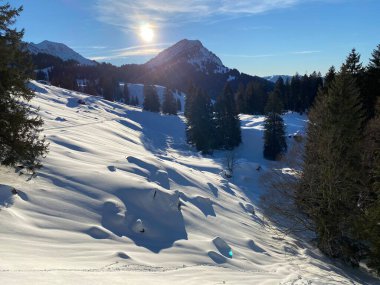 Akşamın geç saatlerinde kar kaplı Alp Vadisi 'nin üzerinde ve gün batımından önce Apenzell Alp Dağları' nın tepesinde İsviçre 'de (Schweiz)