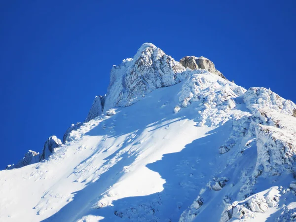 Ambiente Invernale Bella Atmosfera Idilliaca Sulla Ripida Vetta Rocciosa Alpina — Foto Stock