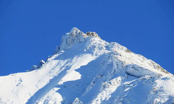 Зимова Обстановка Красива Ідилічна Атмосфера Крутому Альпійському Скелястому Піку Stooss — стокове фото