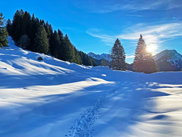 冬日的晚霞笼罩着白雪覆盖的高山谷地 黄昏之前笼罩着瑞士阿彭策尔阿尔卑斯山脉的斯托克堡峰 — 图库照片