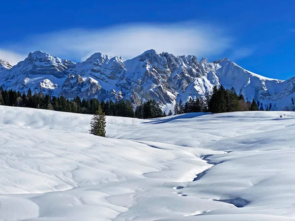 Wintersfeer Prachtige Idyllische Sfeer Besneeuwde Alpenberg Alpstein Het Appenzell Alpen — Stockfoto