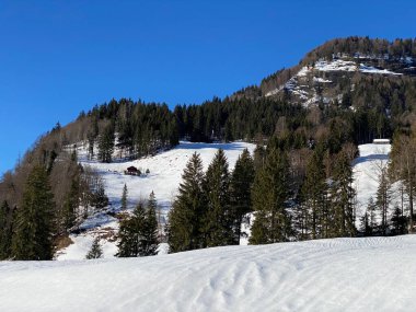 Rocky alp tepesi Hinterfallenchopf veya Hinderfallenchopf (1531 M.a.s.) Kışın atmosferde ve taze kar örtüsüyle kaplıdır - Appenzell Alps massif, İsviçre (Schweiz)