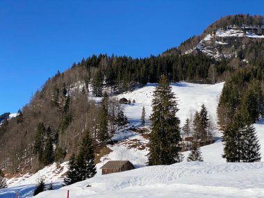 Rocky alp tepesi Hinterfallenchopf veya Hinderfallenchopf (1531 M.a.s.) Kışın atmosferde ve taze kar örtüsüyle kaplıdır - Appenzell Alps massif, İsviçre (Schweiz)