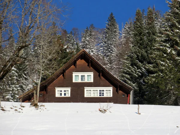 Arquitectura Tradicional Suiza Casas Alpinas Madera Ambiente Invernal Cubierta Nieve — Foto de Stock