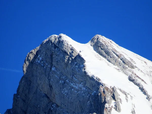 位于Alpstein山脉的Wildhuser Schofberg高山峰 或称Wildhuser Schafberg 2373米 和位于瑞士圣加仑州Alt Johann的Annzell Alps地块 Schweiz 的白色毛毯 — 图库照片