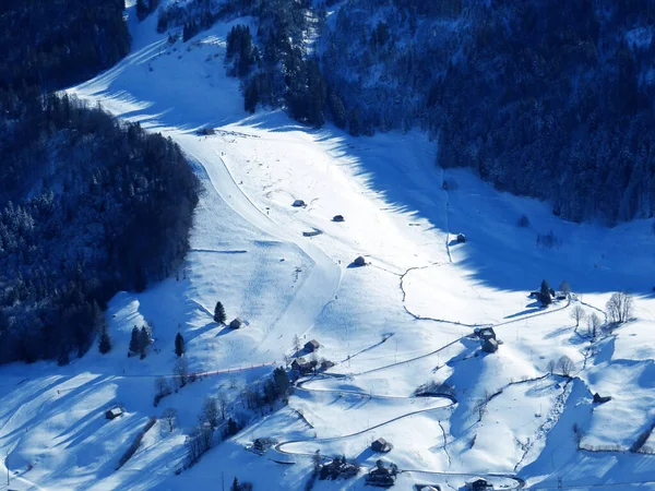 Skidorten Alp Sellamatt Alt Johann Eller Skidbacken Skigebiet Nachtskifahren Toggenburgdalen — Stockfoto