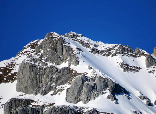 Sněhem Pokrytý Alpský Vrchol Stoss Nebo Stooss 2112 Pohoří Alpstein — Stock fotografie