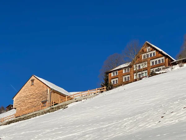 Tradisjonell Sveitsisk Arkitektur Alpine Hus Tre Vinteromgivelsene Friskt Hvitt Snødekke – stockfoto