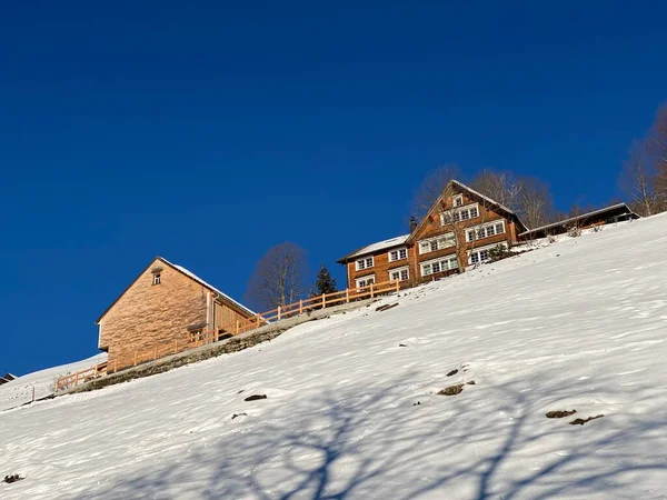 Arquitectura Tradicional Suiza Casas Alpinas Madera Ambiente Invernal Cubierta Nieve — Foto de Stock