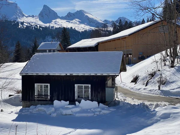 新鮮な白い雪のカバーの冬の雰囲気の中で伝統的なスイスの建築と木製の高山の家 アルト セント ヨハン Obertoggenburg スイス スイス — ストック写真