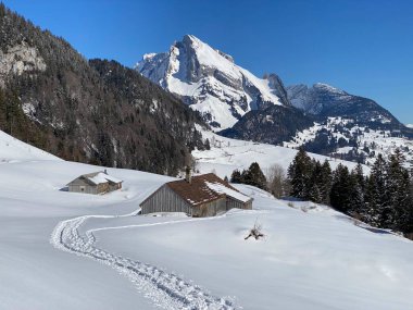 İsviçre çayırlarındaki yerli dağ kulübeleri ve ahşap ahırlar taze beyaz kar örtüsüyle kaplıdır, Alt St. Johann - Obertoggenburg, İsviçre (Schweiz)