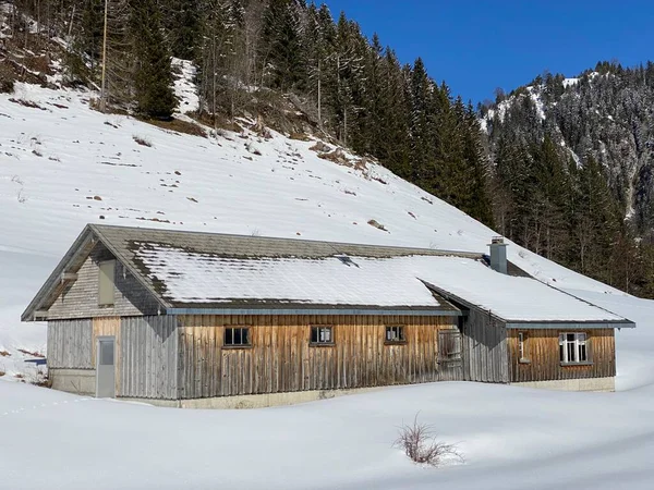 瑞士Alt Johann Obertoggenburg Schweiz 瑞士牧场上的土著高山小屋和木制畜栏 覆盖着新鲜的白雪 — 图库照片