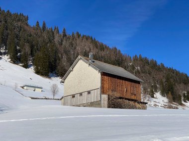 İsviçre çayırlarındaki yerli dağ kulübeleri ve ahşap ahırlar taze beyaz kar örtüsüyle kaplıdır, Alt St. Johann - Obertoggenburg, İsviçre (Schweiz)