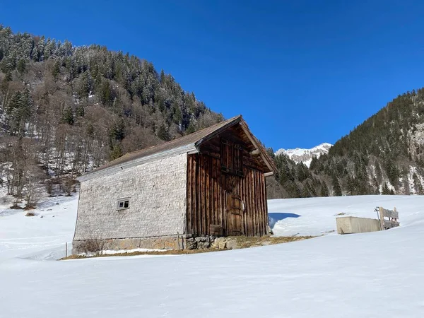 スイスの牧草地に新鮮な白い雪に覆われた先住民の高山の小屋と木製の牛の厩舎 アルト セント ヨハン Obertoggenburg スイス スイス — ストック写真