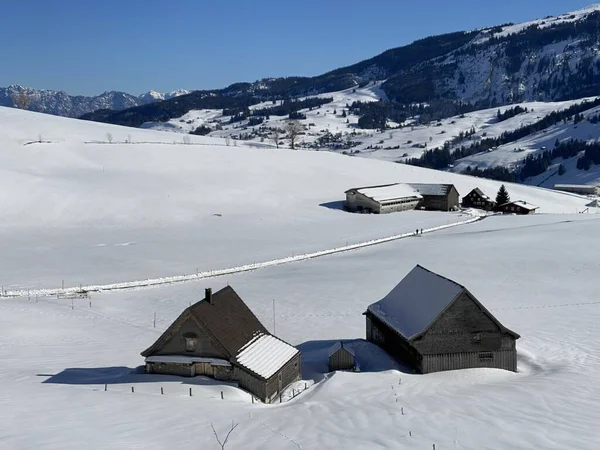 スイスの牧草地に新鮮な白い雪に覆われた先住民の高山の小屋と木製の牛の厩舎 アルト セント ヨハン Obertoggenburg スイス スイス — ストック写真