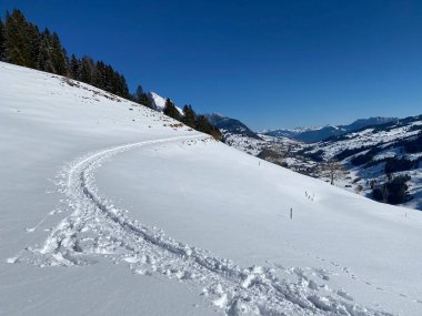 Alpstein Dağları 'nın yamaçlarında ve İsviçre Alpleri' nin taze Alp Dağları 'nın kar örtüsünde - Alt St. Johann, İsviçre (Schweiz)
