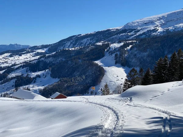 素晴らしい冬のハイキングコースとアルプシュタイン山脈の斜面やスイスアルプスの新鮮な高山雪のカバーでの痕跡 Alt ヨハン スイス スイス — ストック写真