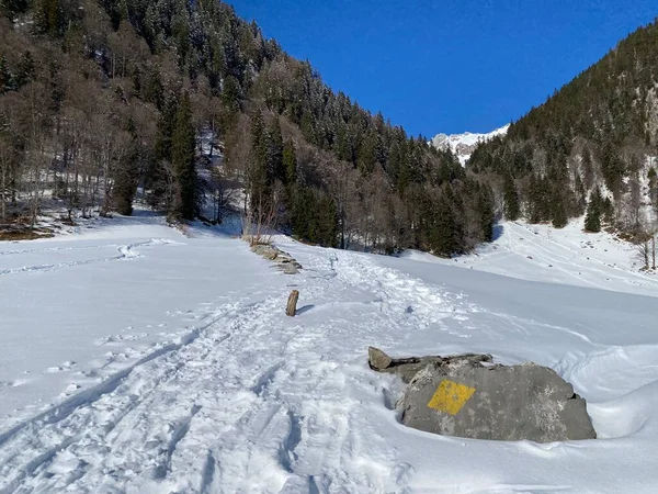 アルプスの山塊とスイスアルプスの牧歌的な冬の雰囲気の中を移動するための標識とハイキングの標識とオリエンテーション Alt ヨハン スイス スイス — ストック写真