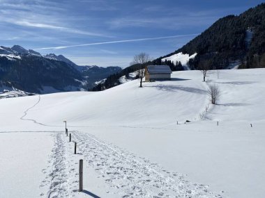 Alpstein Dağları 'nın yamaçlarında ve İsviçre Alpleri' nin taze Alp Dağları 'nın kar örtüsünde - Alt St. Johann, İsviçre (Schweiz)