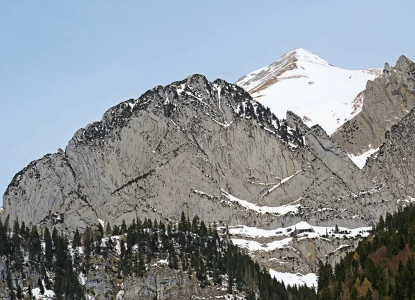 雪に覆われたアルプスの岩アルプシュタイン山脈のピークWildhuser Schofbergの南側にあるSchofbergwandとアペンツェルアルプスの大規模な ワイルドハウス カントン セント ガレン スイス スイス — ストック写真