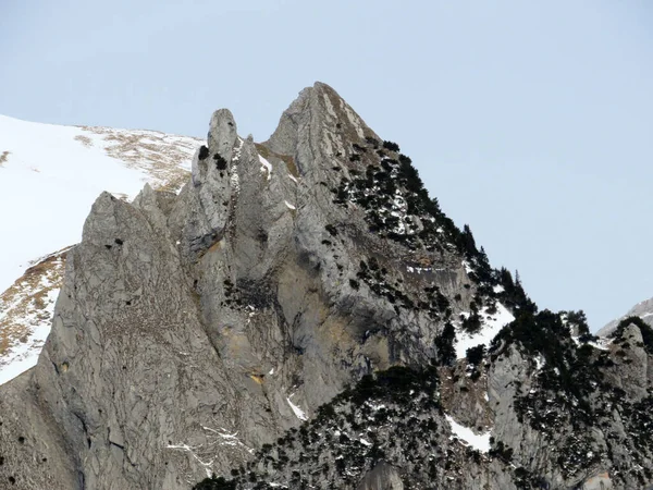 Snötäckta Bergstoppar Sten Zehespitz 1958 Bergskedjan Alpstein Och Appenzell Alperna — Stockfoto