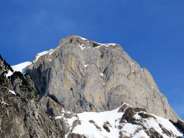 Snow Capped Stone Alpine Peak Moor 2342 Alpstein Mountain Range — Stock Photo, Image