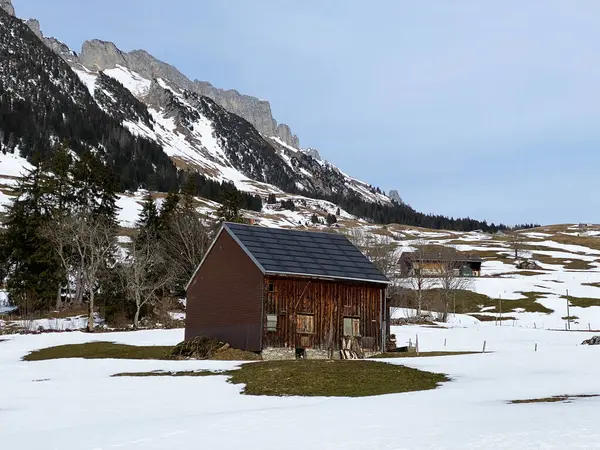 Heimische Almhütten Und Hölzerne Rinderställe Auf Schneebedeckten Schweizer Weiden Wildhaus — Stockfoto
