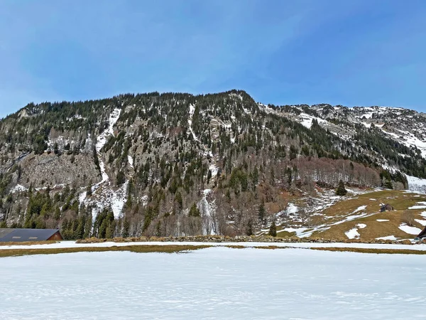 Alpstein山脉和瑞士St Gallen州Wildhaus Schweiz Ashzell阿尔卑斯山地块的白雪覆盖高山高峰Gulmen 或Gulme 1998米 — 图库照片