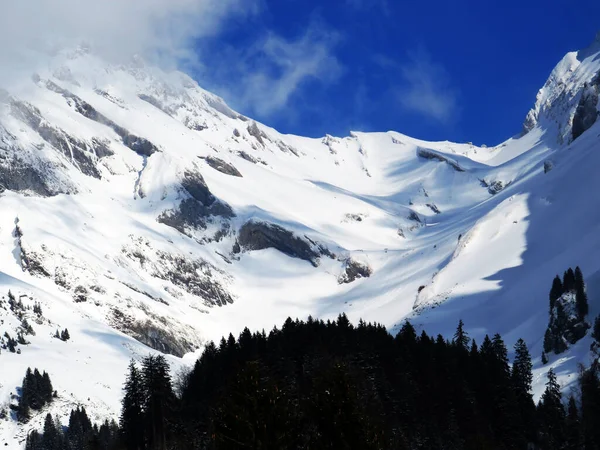 Заснеженные Высокогорные Пастбища Скалистые Вершины Альпштайнского Массива Зимнем Наряде Массив — стоковое фото