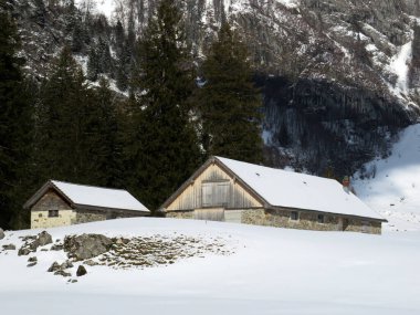 Yerli alp kulübeleri ve İsviçre çayırlarındaki ahşap ahırlar taze beyaz kar örtüsüyle kaplıdır, Unterwasser - Obertoggenburg, İsviçre (Schweiz)