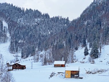 Yerli alp kulübeleri ve İsviçre çayırlarındaki ahşap ahırlar taze beyaz kar örtüsüyle kaplıdır, Unterwasser - Obertoggenburg, İsviçre (Schweiz)