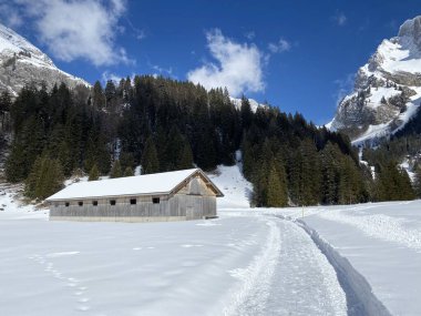 Yerli alp kulübeleri ve İsviçre çayırlarındaki ahşap ahırlar taze beyaz kar örtüsüyle kaplıdır, Unterwasser - Obertoggenburg, İsviçre (Schweiz)