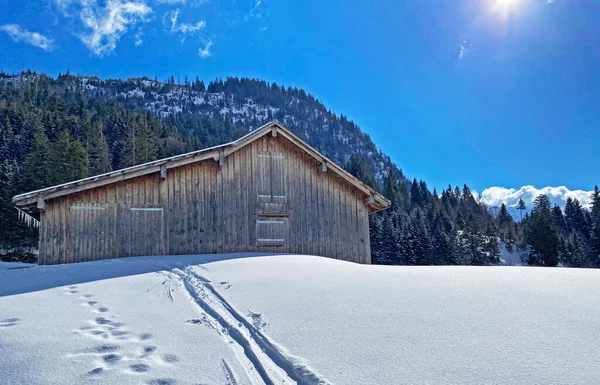 スイスの牧草地にある先住民族の高山の小屋と木製の牛小屋は 新鮮な白い雪のカバーで覆われています Unterwasser Obertoggenburg スイス スイス — ストック写真