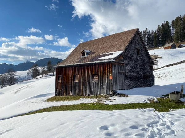 スイスの牧草地にある先住民族の高山の小屋と木製の牛小屋は 新鮮な白い雪のカバーで覆われています Unterwasser Obertoggenburg スイス スイス — ストック写真