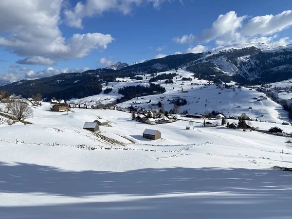 Χειμερινό Χιόνι Idyll Στην Κοιλάδα Του Ποταμού Thur Thurtal Μεταξύ — Φωτογραφία Αρχείου