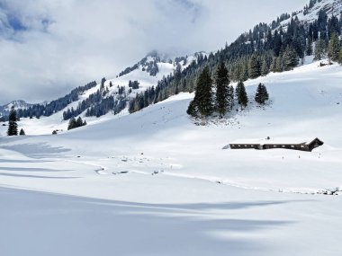 Grappelensee Gölü (Graeppelensee) çevresindeki dağlık çayırlarda taze kar ve İsviçre Alpleri 'nin vadilerinde tipik bir kış manzarası - Unterwasser, İsviçre (Schweiz)