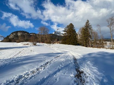 Alpstein dağlarının yamaçlarında ve İsviçre Alpleri 'nin taze dağlık kar örtüsünde muhteşem kış yürüyüş yolları ve izler var.)
