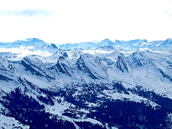 Sneeuwtoppen Van Het Zwitserse Bergmassief Churfirsten Churfuersten Het Appenzell Alpen — Stockfoto
