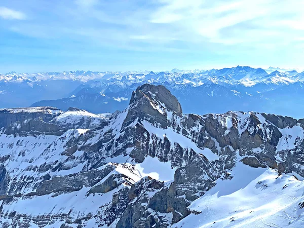 Widok Ośnieżony Szczyt Altmann 2435 Paśmie Górskim Alpstein Masywie Appenzell — Zdjęcie stockowe