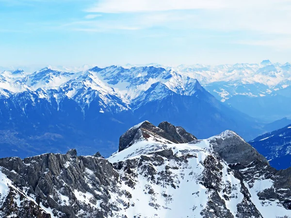 Kilátás Havas Alpesi Csúcsok Saentis Legmagasabb Csúcs Alpstein Hegység Svájci — Stock Fotó