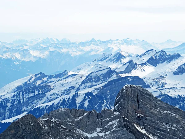 Kilátás Havas Alpesi Csúcsok Saentis Legmagasabb Csúcs Alpstein Hegység Svájci — Stock Fotó