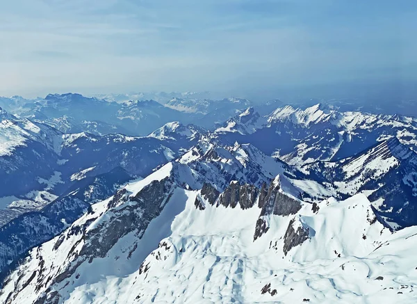 View Snowy Alpine Peaks Saentis Highest Peak Alpstein Mountain Range — Stock Photo, Image