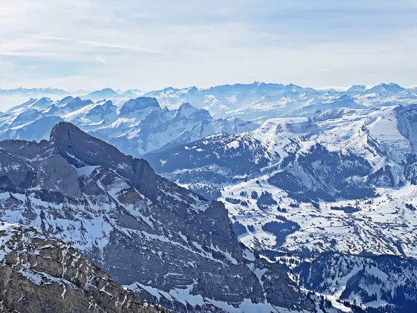 Vue Des Sommets Enneigés Des Alpes Depuis Saentis Haut Sommet — Photo