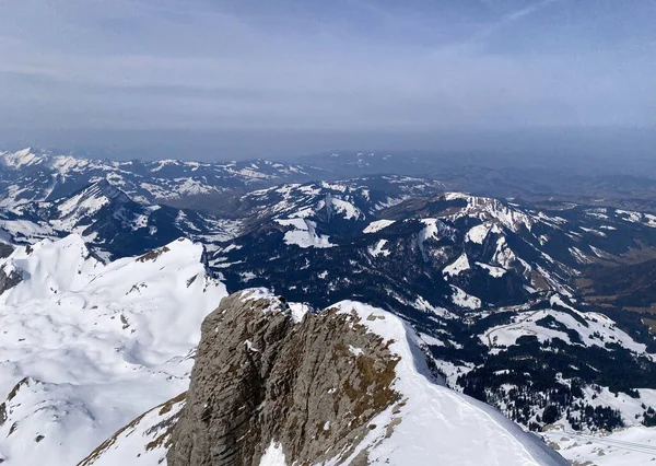 Widok Zaśnieżone Szczyty Górskie Saentis Najwyższy Szczyt Pasma Górskiego Alpstein — Zdjęcie stockowe