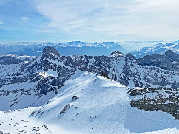 Vista Dos Picos Alpinos Nevados Saentis Pico Mais Alto Cordilheira — Fotografia de Stock