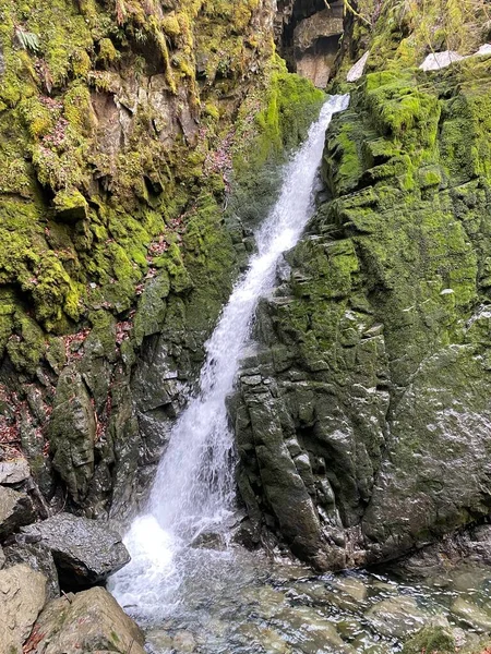 Водопад Пещерой Источник Hundsloch Hundslochquelle Hundlochquelle Альпийского Озера Wagitalersee Waegitalersee — стоковое фото