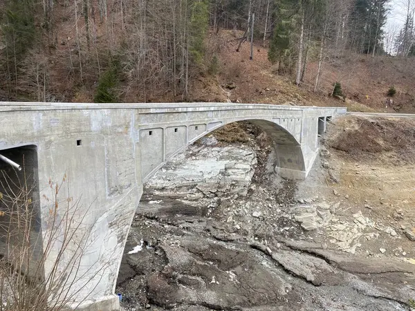 Pont Traversant Ruisseau Schraehbach Schrabach Sur Lac Alpin Waegitalersee Wagitalersee — Photo